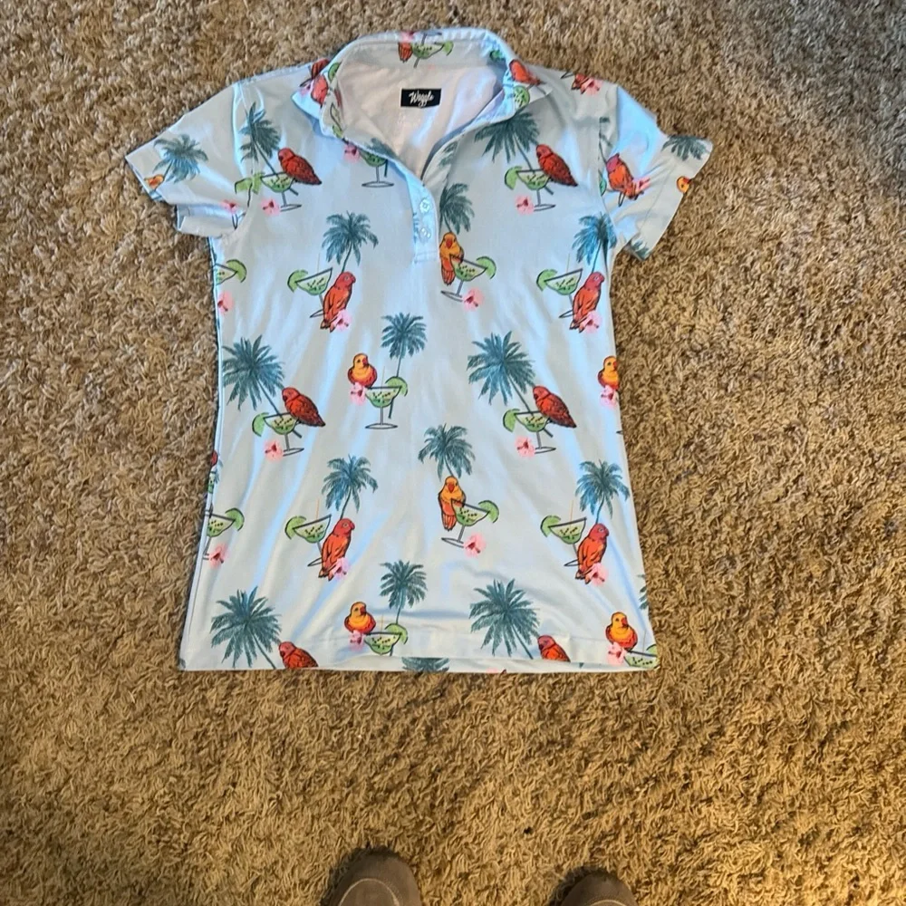 Tropical Parrot Palm Polo Shirt - Light Blue - Picture 1 of 9